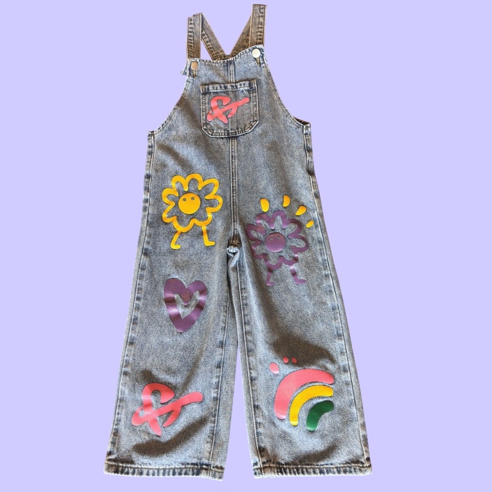 Girls Bib Overalls 6Y Graphic Flower Heart Rainbow Light Wash Wide Leg Denim